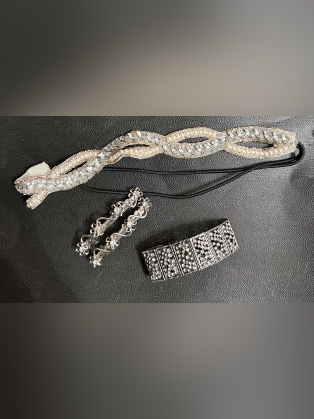 Lot of 3 - Barrettes -  pair of Daisy, pewter rhinestones & pearl headband